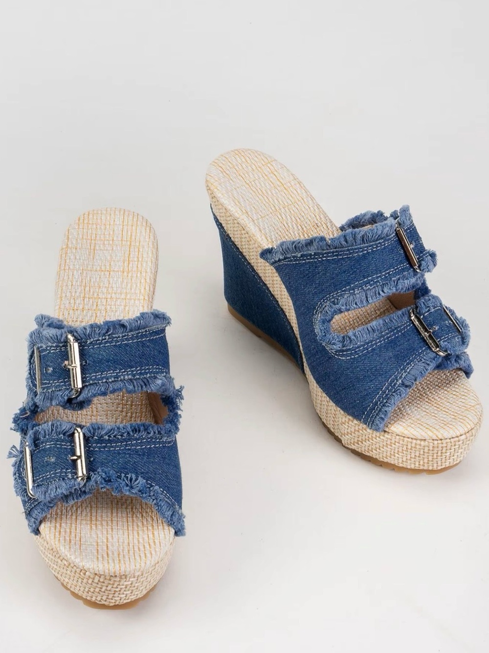 Chic Bohemian Denim Blue Wedge Summer Sandals with Buckle Straps New Boutique - Picture 4 of 6